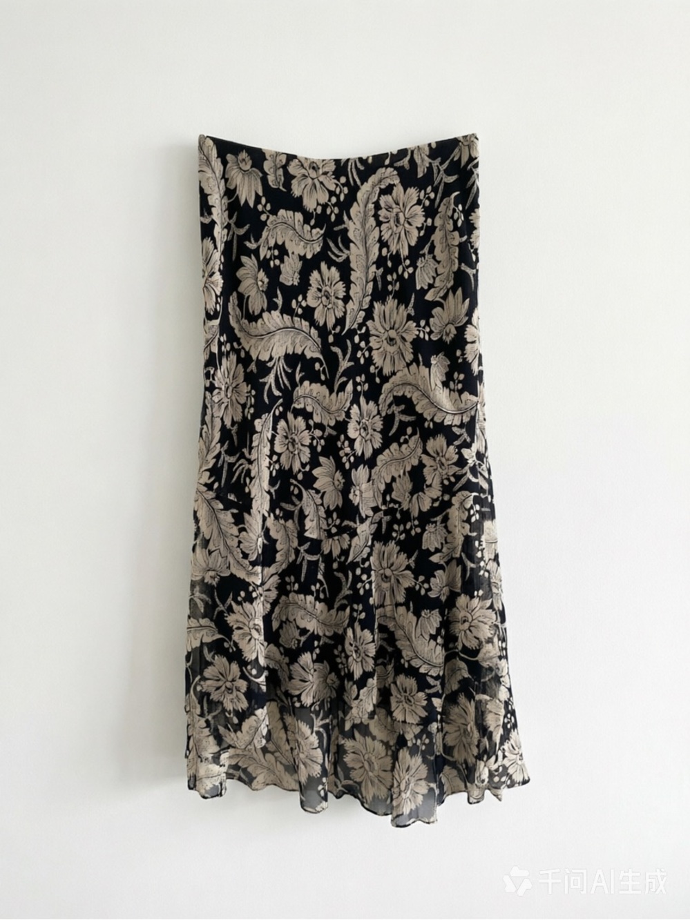 Lauren Ralph Lauren Black and Cream Asymmetrical Floral Midi Skirt - Picture 2 of 4